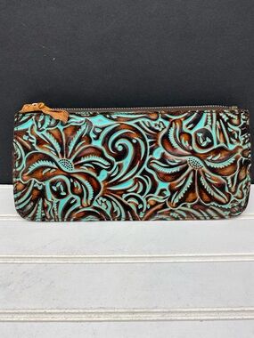 Patricia Nash Wallet St Croce Turquoise Brown Tooled Floral Leather